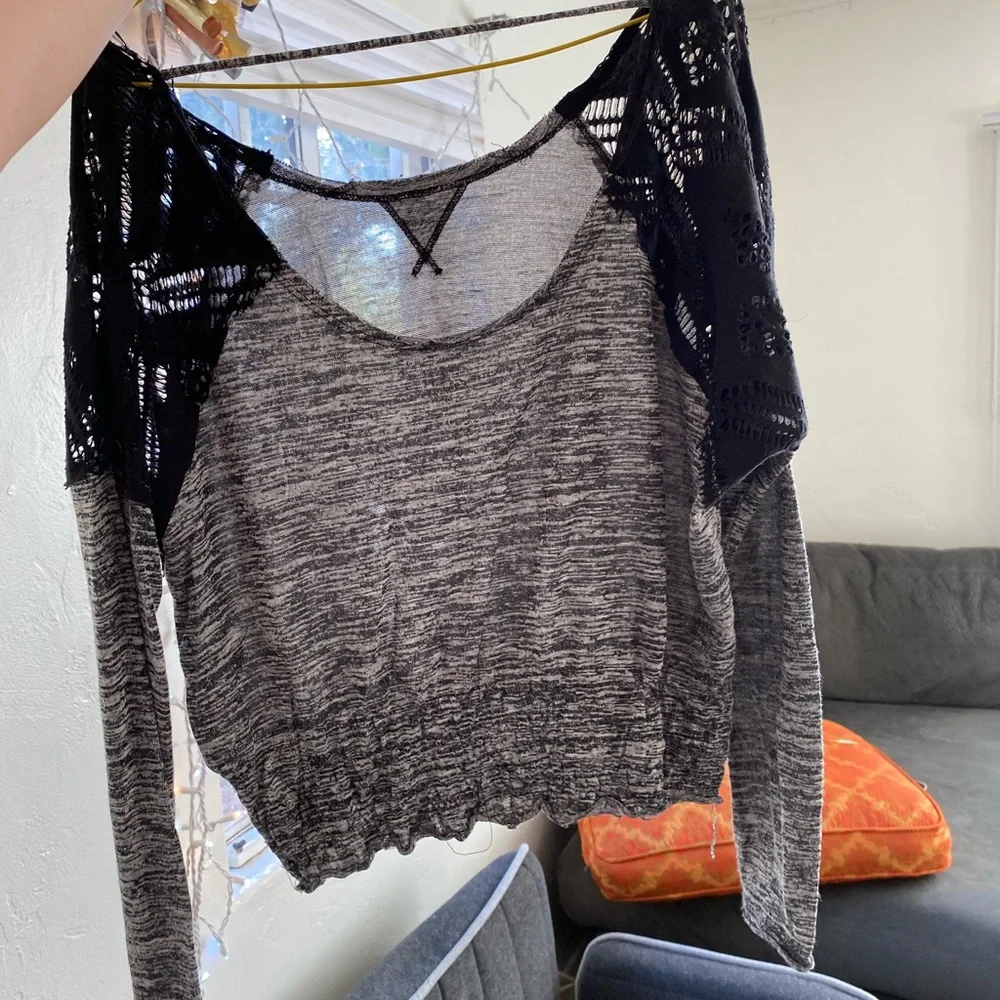 Free People Sheer Lace Longsleeve Heather Grey Off Shoulder Top Imperfections XS